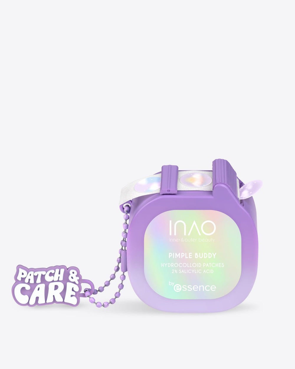 Ein violetter Behälter mit der Aufschrift „INAO Pimple Buddy Hydrokolloid-Pflaster – Cloud Edition“, der mit einem „PATCH & CARE“-Schlüsselanhänger versehen ist und zur Aufbewahrung von Hydrokolloid-Pflastern gegen Pickel von INAO dient.