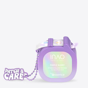 Ein violetter Behälter mit der Aufschrift „INAO Pimple Buddy Hydrokolloid-Pflaster – Cloud Edition“, der mit einem „PATCH & CARE“-Schlüsselanhänger versehen ist und zur Aufbewahrung von Hydrokolloid-Pflastern gegen Pickel von INAO dient.