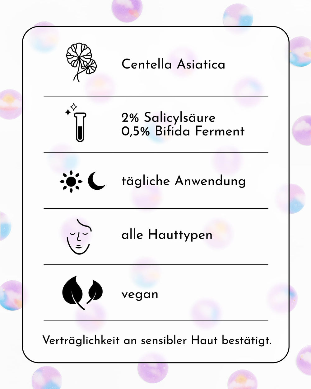 Eine Infokarte zu den „Pimple Buddy Hydrocolloid Patches – Cloud Edition“ von INAO mit Symbolen für Centella Asiatica, 2 % Salicylsäure, tägliche Anwendung, alle Hauttypen, vegane Formel sowie einem Hinweis auf die Eignung für empfindliche Haut. Der Hintergrund ist mit pastellfarbenen Kreisen verziert.