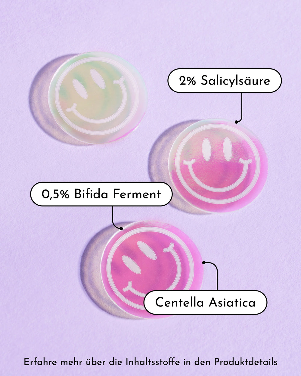 Drei durchsichtige Pimple Buddy Hydrocolloid Patches von INAO by essence tragen die Aufschriften "2% Salicylsäure", "0,5% Bifida Ferment" und "Centella Asiatica" auf violettem Hintergrund, darunter ein deutscher Text, der zur Erforschung der Inhaltsstoffe einlädt.