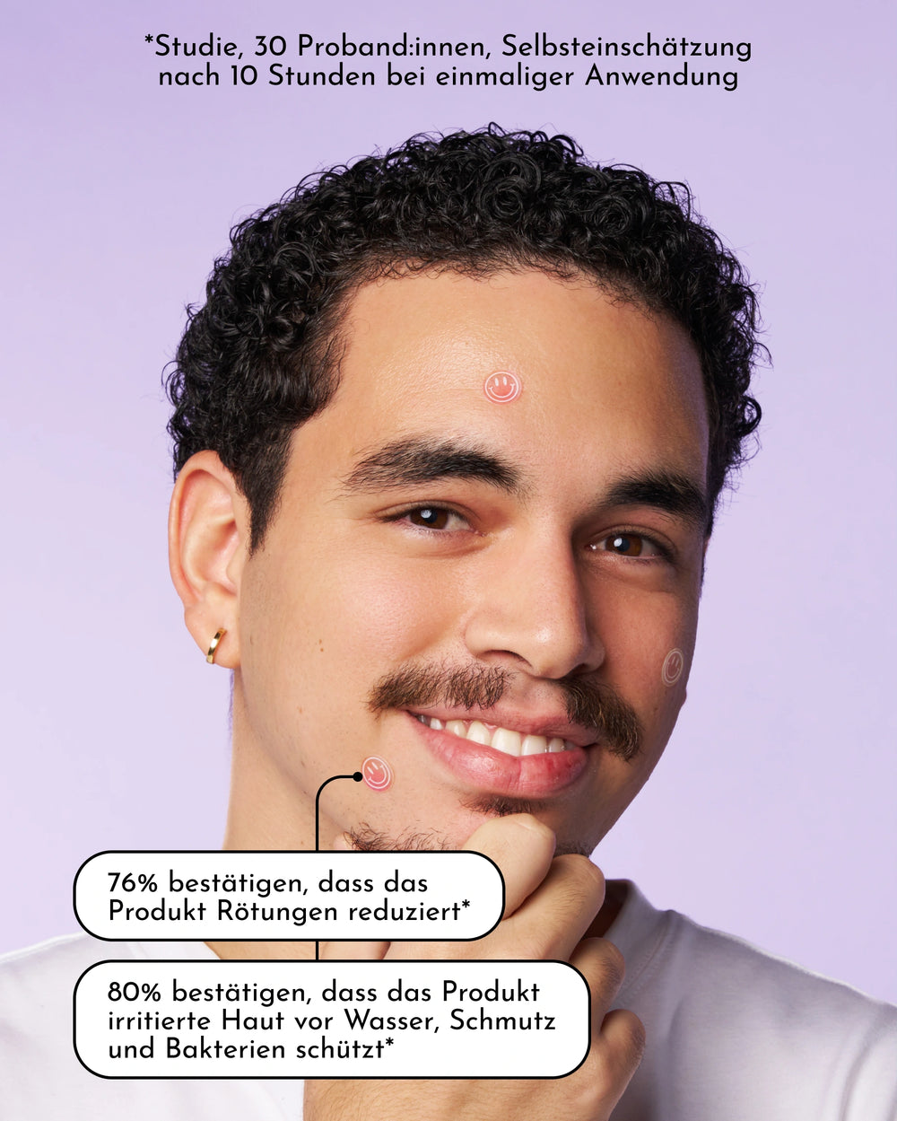 Eine junge Person mit lockigem Haar und Schnurrbart blickt vor einem hellvioletten Hintergrund nach vorne. Der Text hebt die Studienergebnisse zu INAO by essence Pimple Buddy Hydrocolloid Patches hervor und verweist auf die Verringerung von Rötungen und den Schutz für gereizte Haut.