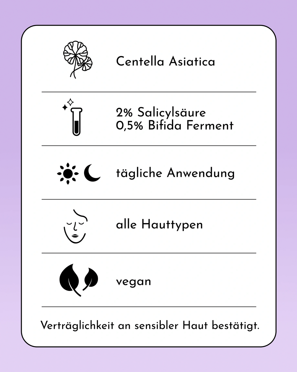 Die Infokarte von INAO by essence Pimple Buddy Hydrocolloid Patches ist mit Piktogrammen und deutschem Text versehen und hebt die Eignung für die tägliche Anwendung, die Eignung für alle Hauttypen, die Veganität, die Unbedenklichkeit für empfindliche Haut und die Inhaltsstoffe wie Centella Asiatica und 2% Salicylsäure hervor.