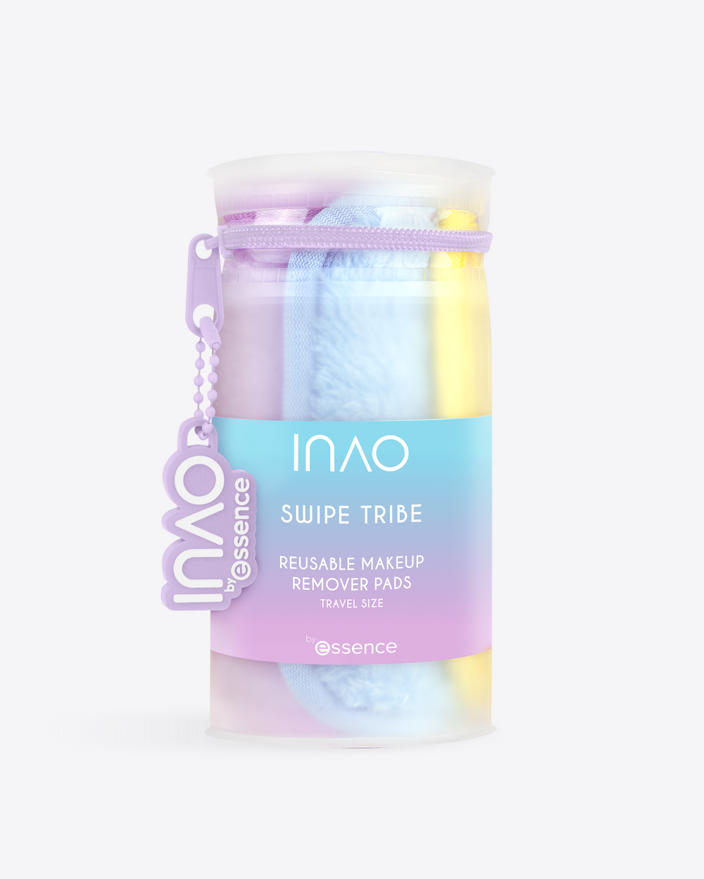 Transparente INAO Swipe Tribe Reisetasche mit wiederverwendbaren Make-up-Entferner-Pads in Pastellfarben vor hellgrauem Hintergrund.