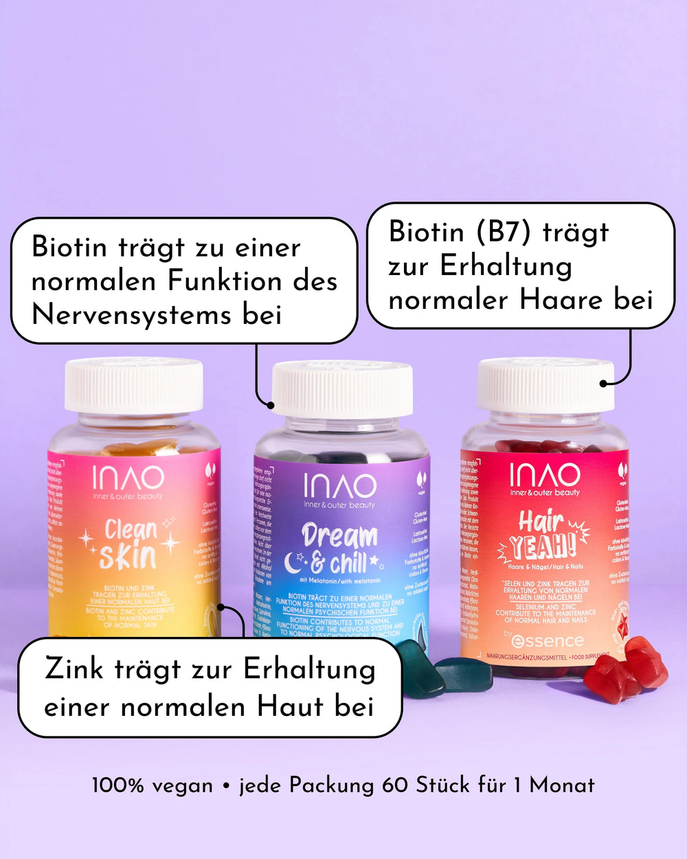 Drei farbenfrohe Flaschen des Supplement Lover Sparset von INAO by essence werden mit Textblasen gezeigt, die die Vorteile für Nerven, Haare und Haut hervorheben. Hair YEAH! Gummies und Clean Skin Gummies sind auf einem lilafarbenen Hintergrund verstreut.