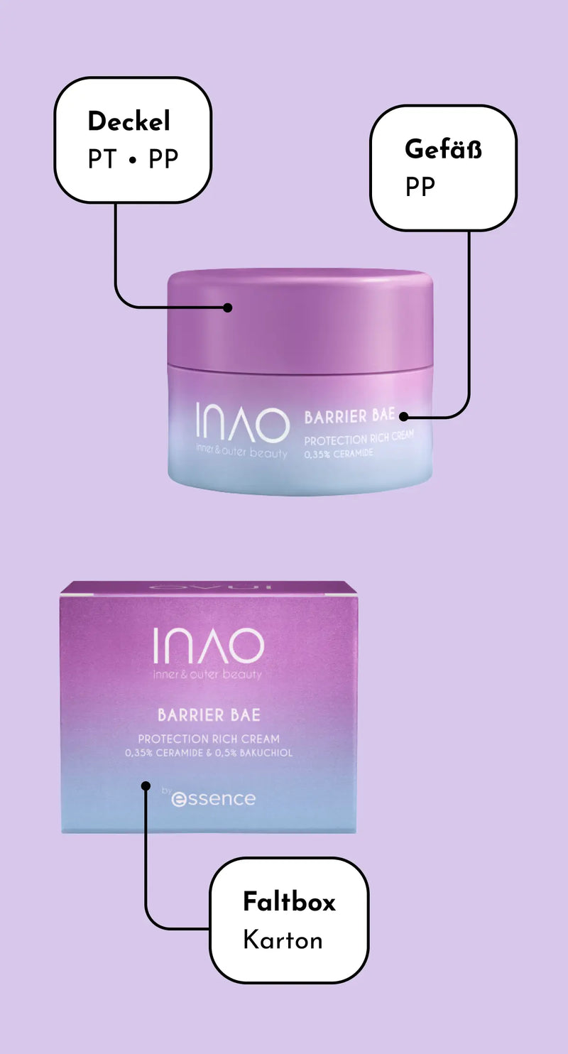 Ein Cremetiegel mit violettem Farbverlauf und der Aufschrift „BARRIER BAE“ mit einer passenden Schachtel darunter. Die Beschriftungen lauten: „Deckel: PT • PP“, „Gefäß: PP“ und „Faltbox: Karton“ und beziehen sich jeweils auf Deckel, Tiegel und Schachtel.