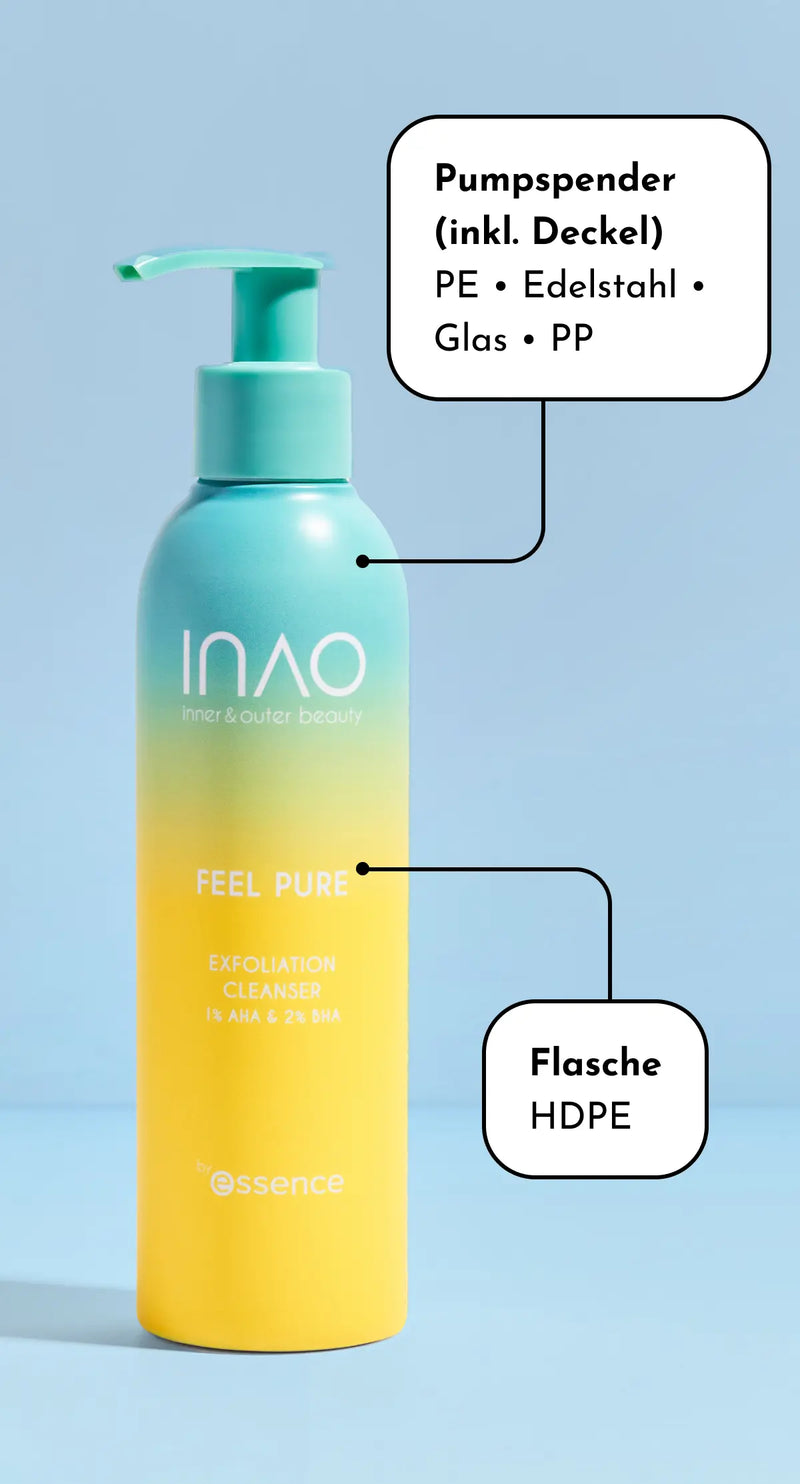 Eine blau-gelbe Farbverlaufsflasche mit der Aufschrift „INAO Feel Pure Exfoliation Cleanser“ und türkisfarbener Pumpe. Die Beschriftungen geben Auskunft über das Material der Pumpe (PE, Edelstahl, Glas, PP) und das Flaschenmaterial (HDPE).